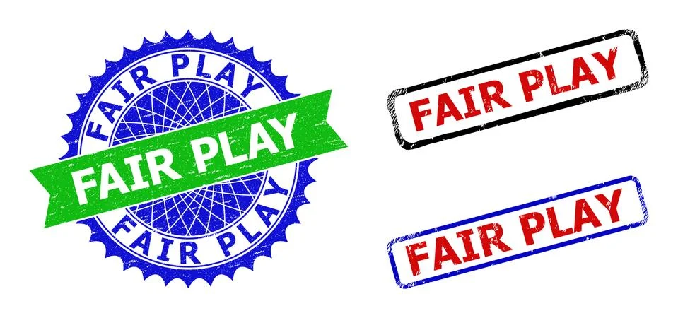FAIR PLAY Rosette and Rectangle Bicolor Stamp Seals with Unclean Textures Ilustração Stock