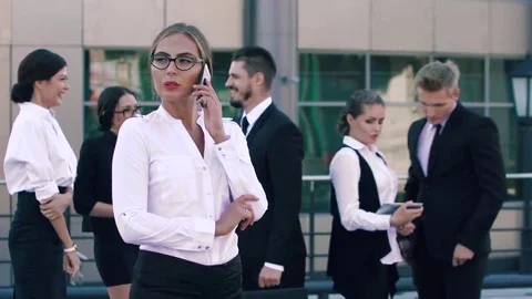 Fair-skinned and fair-haired business woman having an important talk on the Stock-Footage 69162496