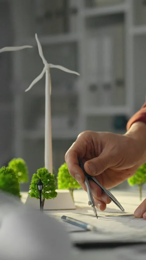 A fair-skinned European architect-engineer plans wind turbine locations deve Stock Footage 341283151