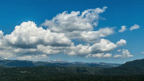 Fair weather clouds roll above Snow-capped Peaks Stock Footage 283799930