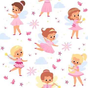 Fairies seamless pattern. Cute winged girls. Young flying sorceresses. Little Stock Illustration