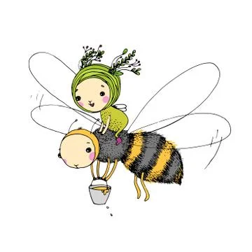 Fairy and the bee on a white background. Stock Illustration