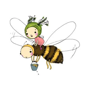 Fairy and the bee on a white background Stock Illustration