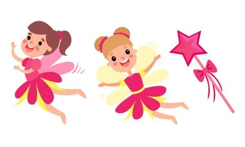 Fairy Attributes with Flying Pixie and Magical Wand Vector Set 스톡 일러스트