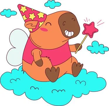 Fairy capybara magic wand cloud outline isolated vector cartoon character Illustrazione stock