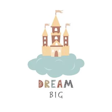 Fairy castle on the cloud isolated on white. Vector illustration in Scandinavian Stock Illustration
