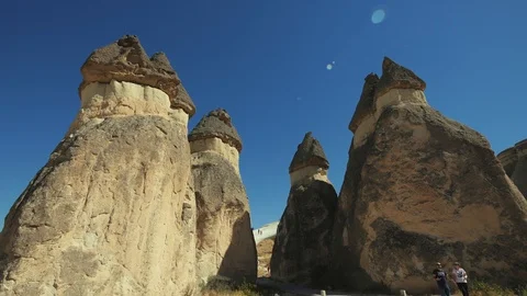 Fairy chimneys - bizarre sandstone formations, Cappadocia, Turkey Stock Footage 99726526