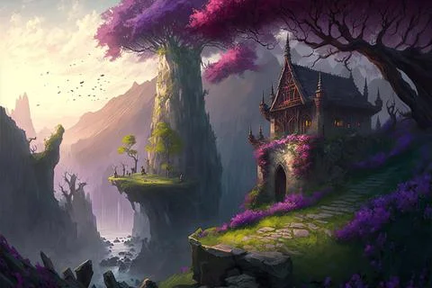 A Fairy Court On Mountainous Cliffs Stock Illustration