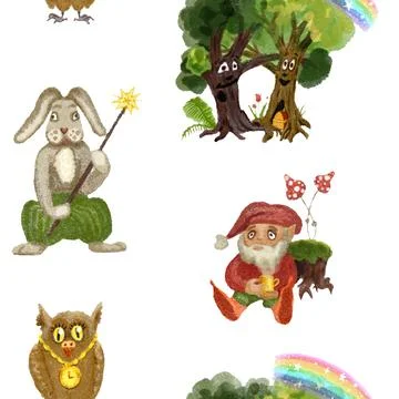 Fairy creatures of magic forest in a seamless pattern for children's wallpaper イラスト素材