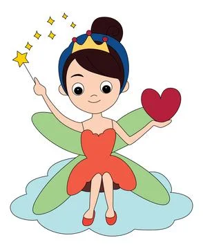 A fairy flapping magic wand sitting on a cloud Stock Illustration