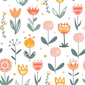 Fairy flower field seamless vector pattern. Scandinavian folk doodle style Stock Illustration