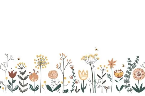 Fairy flowers border, seamless vector pattern. Repeating doodle flower mead.. Stock Illustration