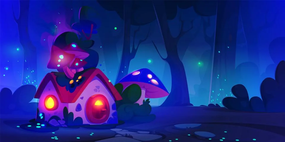 Fairy forest land with magic tiny house at night. Illustrazione stock