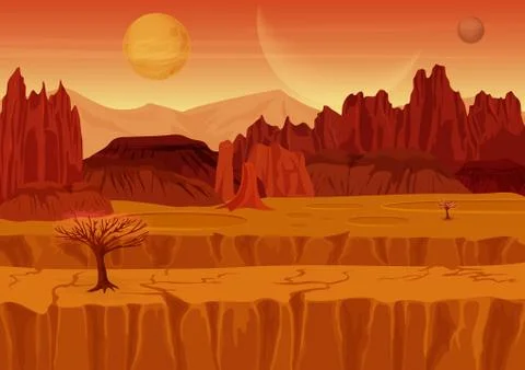 Fairy game Sci-fi red mars Alien Landscape. Nature on another planet with Illustrazione stock
