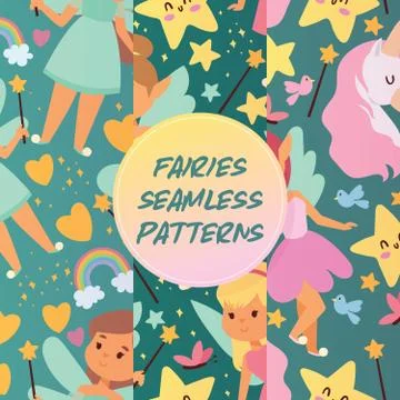Fairy girl seamless pattern vector magic faery character and fantasy beautiful Illustrazione stock