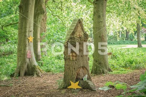 The fairy Glen Centre with Tree Carvings of Fairy Dwellings in Fullarton park Stock Photos