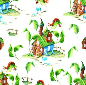Fairy house mug. Seamless pattern. Watercolor Stock Illustration