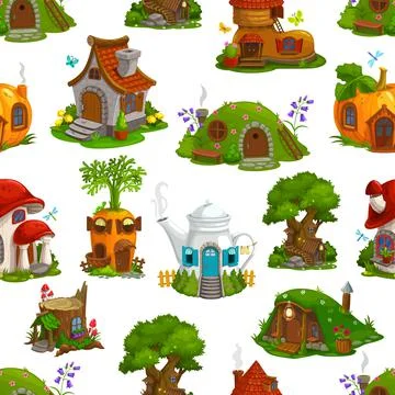 Fairy houses seamless pattern, dwarf and elf homes Stock Illustration