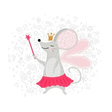 Fairy mouse with magic wand. Cool animal illustration for nursery t-shirt, ki Stock Illustration