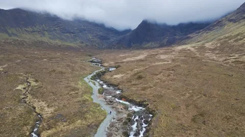 Fairy Pools and Waterfalls from a drone, Glen Brittle, Black Cuillin Stock Footage 308469445