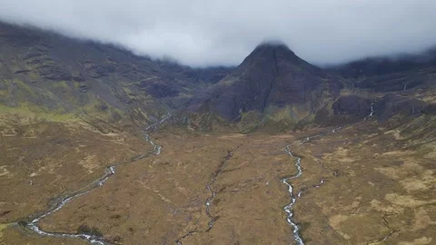 Fairy Pools and Waterfalls from a drone, Glen Brittle, Black Cuillin Stock Footage 308469448