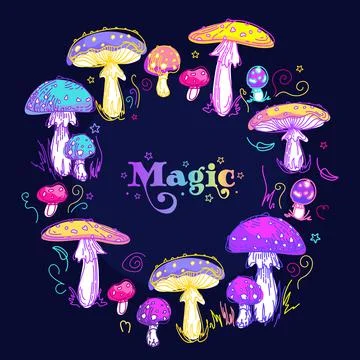 Fairy Rings. Magic witchs circle of fly agaric mushrooms. Psychedelic multi Illustrazione stock