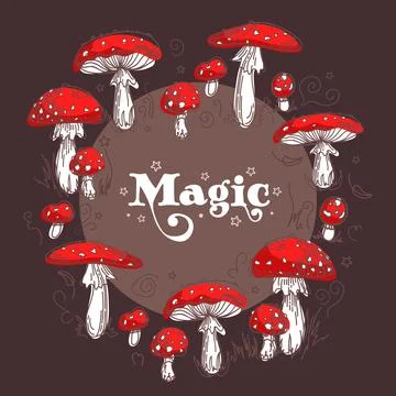 Fairy Rings. Magic witchs circle of fly agaric mushrooms. Vintage Stock Illustration