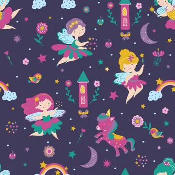 Fairy seamless pattern. Child tale characters, print with fairies, castle and Stock Illustration