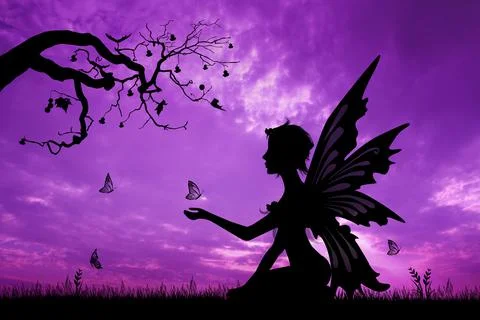 Fairy silhouette at sunset Stock Illustration