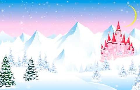 Fairy tale castle on a background of a winter forest and snowy mountains Stock Illustration