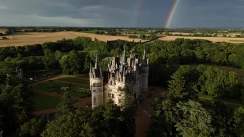 Fairy Tale Castle with Double Rainbow in Countryside – Aerial View Stock Footage 306446872