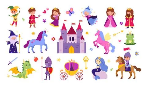 Fairy tale characters and objects set. Magical icons or stickers with fantasy イラスト素材