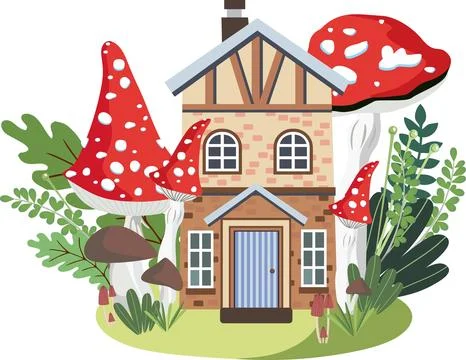 Fairy tale cottage surrounded by fly agaric mushrooms and forest plants Stock Illustration