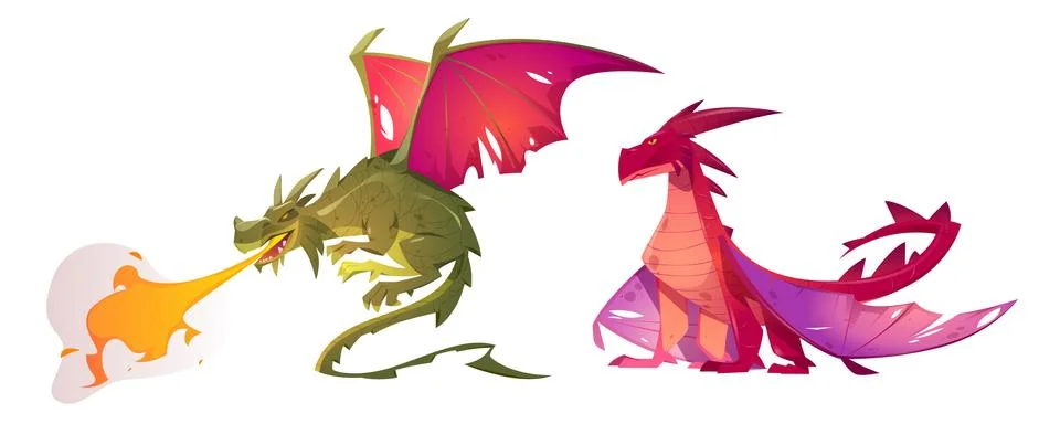 Fairy tale dragons, magic fire breathing creatures Stock Illustration