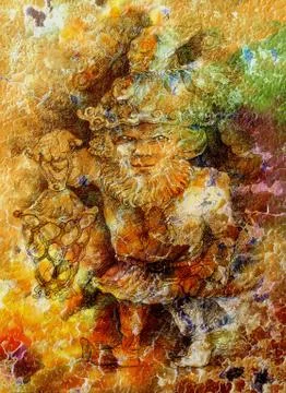 Fairy-tale dwarf holding a magic lantern, color crackle background Stock Illustration