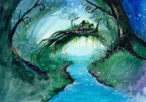Fairy tale forest with river and small house Stock Illustration