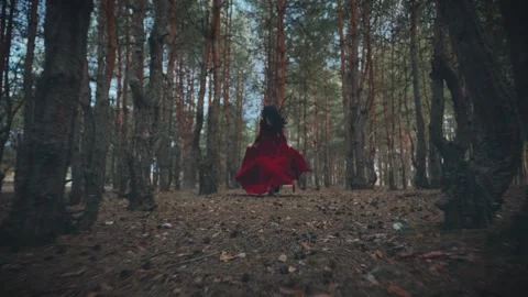 Fairy tale Gothic scared girl running away in dark forest pine trees, red long Stock Footage 330174667