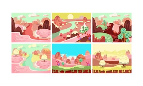 Fairy tale landscape collection, candy land, details for computer game interface Ilustración de archivo