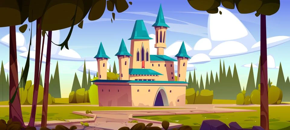 Fairy tale magic medieval castle cartoon vector Stock Illustration