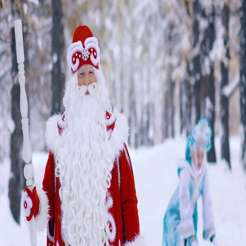 Fairy-tale New Year characters having fun in the snowy forest Stockbeeldmateriaal 69709250
