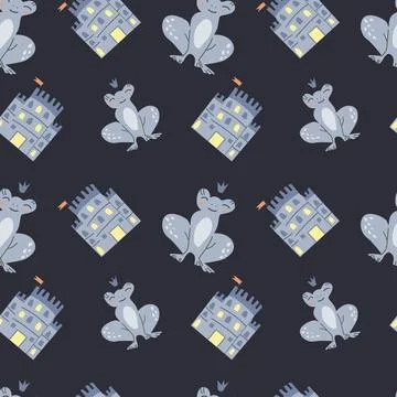 Fairy tale pattern with frogs and castles for children's design Stock Illustration