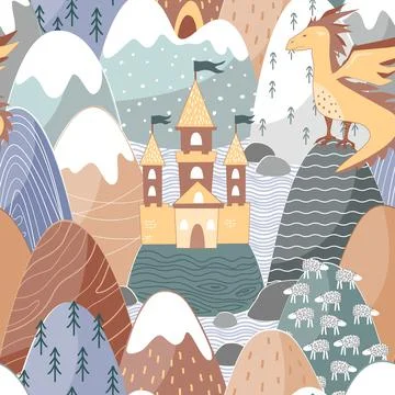 Fairy tale seamless pattern with cute dragon, magic castle, and mountains. Fairy Illustrazione stock