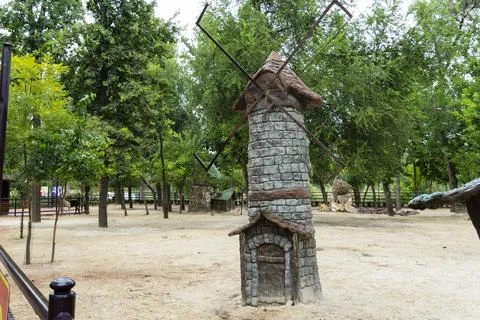 Fairy Tale Stone Windmill in Forest Theme Park 스톡 사진