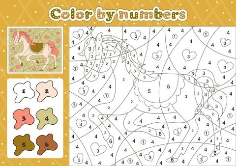 Fairy tale themed coloring page by number for kids with cute horse character Stock Illustration