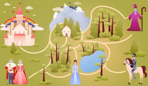 Fairy tale world map with knight, royal family - king, queen, princess, evil Illustrazione stock