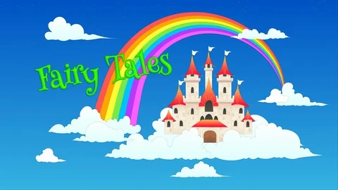 Fairy tales animated intro,fairy castle with rainbow and clouds oppening Stock Footage