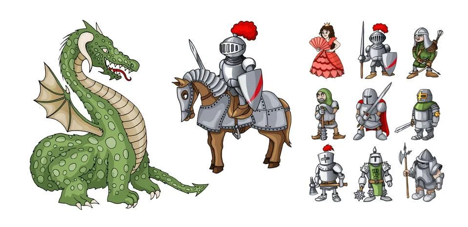 Fairy tales cartoon characters. Fantasy knight and dragon, princess and knights Stock Illustration