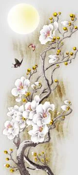A fairy tree with white flowers, two butterflies, a full moon Stock Illustration