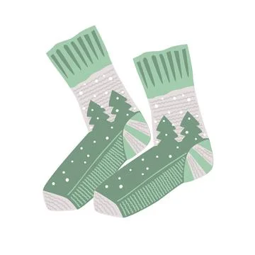 Fairy woolen knitted socks with pine trees and snow, cozy Xmas and Winter s.. Stock Illustration