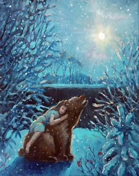 Fairytale bear looking at moon at night. Little girl in light dress hugging bear Ilustração Stock